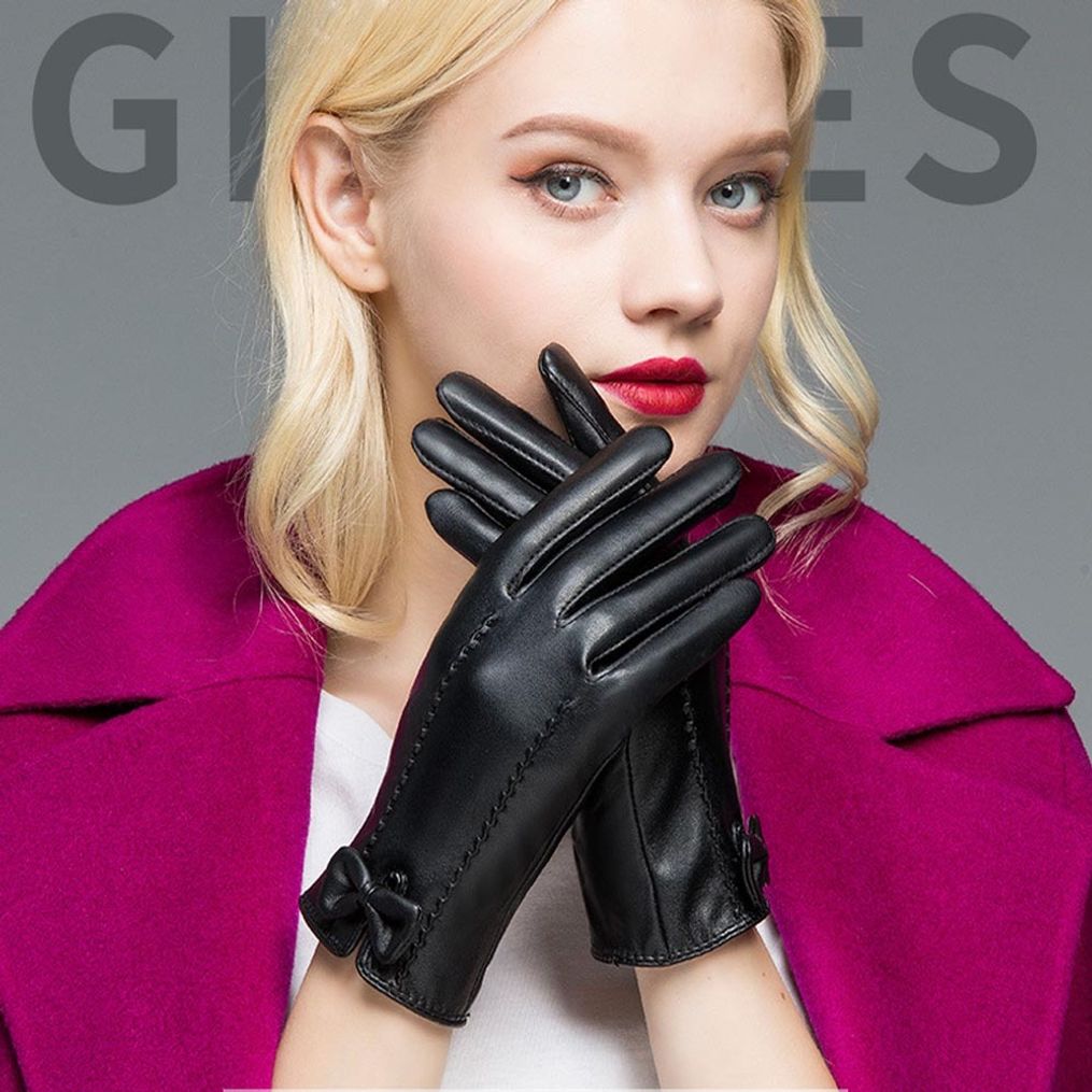 리본 포인트 물결무늬 여성 스마트터치 기모 가죽장갑