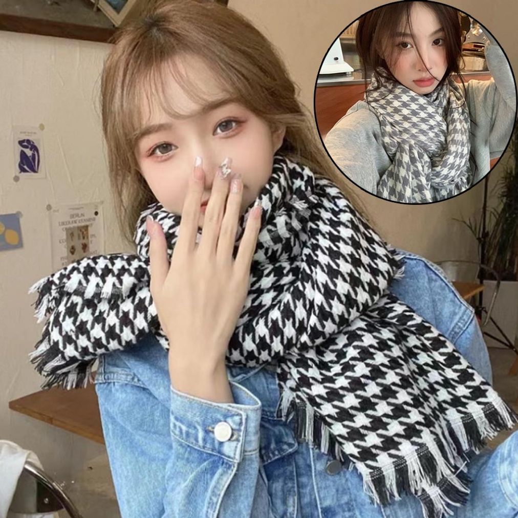 클래식한 하운드무늬 모던 수술 머플러 빈티지 목도리