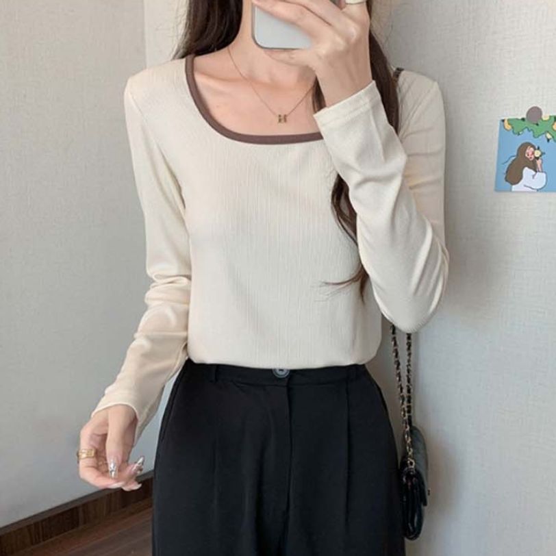 긴팔티 U넥 목선을 깔끔하게 연출해 주는 골지 티셔츠