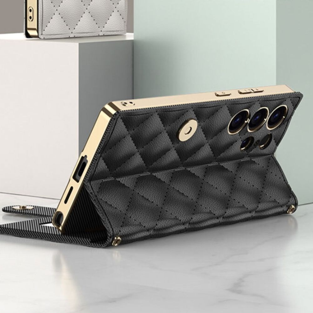 갤럭시s25 울트라 핸드폰보호 케이스 다이아몬드 패턴 플립 가죽 거울 카드포켓 스트랩줄