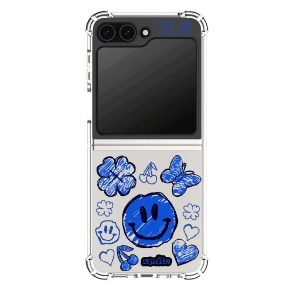 핸드폰 Z플립 보호 케이스 블루 스케치 스마일 투명