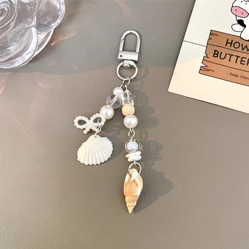 비즈 장식 조개 진주 리본 비즈 키링 가방 포인트