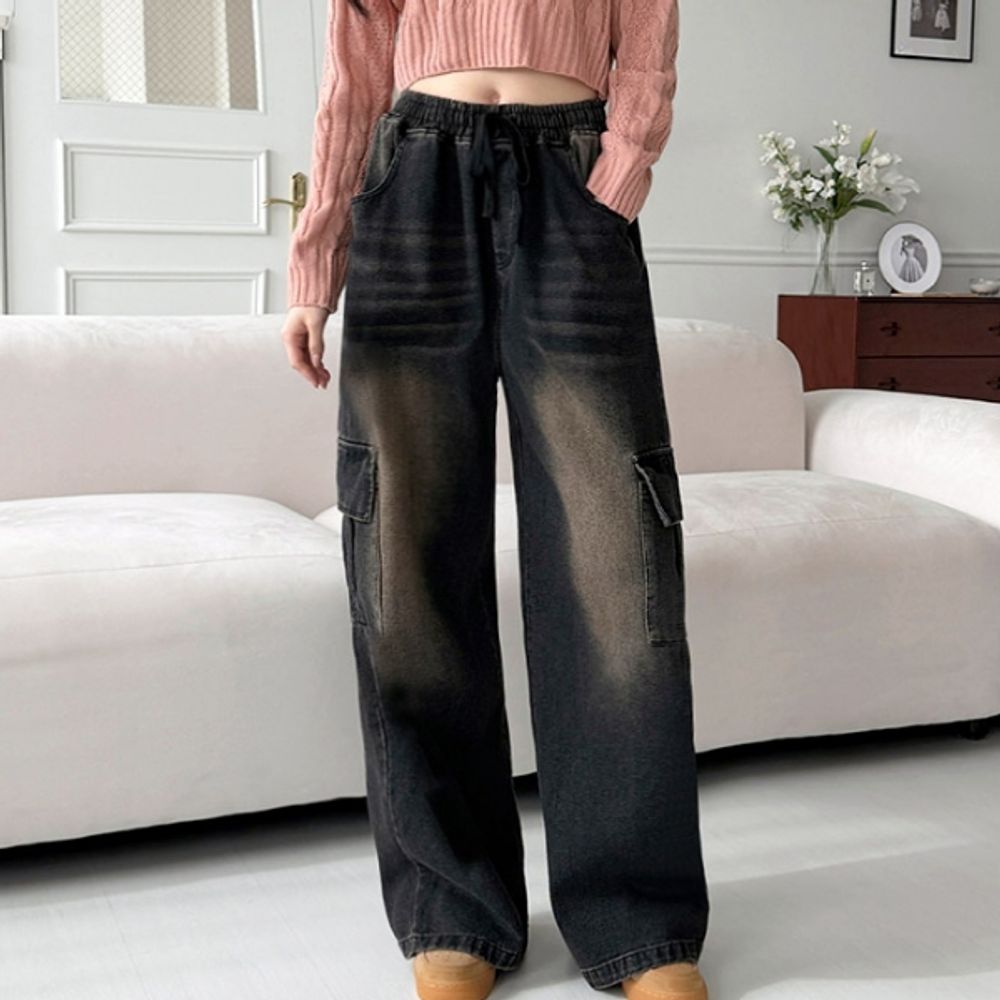 남여 와이드 카고 청바지 워싱 데님 밴딩 팬츠 바지