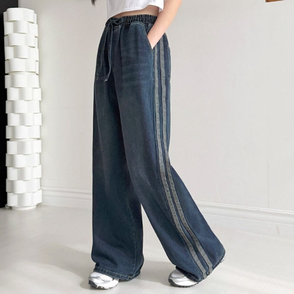 여성 데님 밴딩 바지 오버핏 청바지 와이드 스트링 팬츠