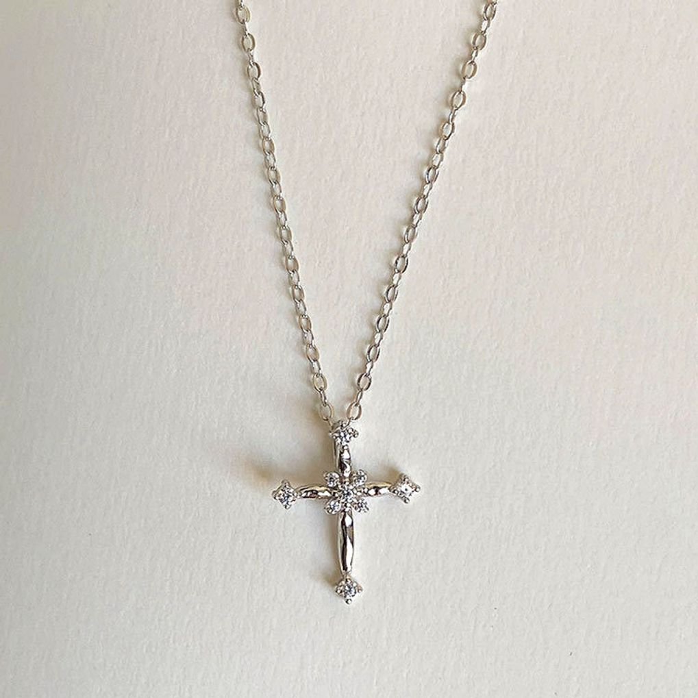 쁘띠 블링 큐빅 십자가 목걸이 실버 네크리스