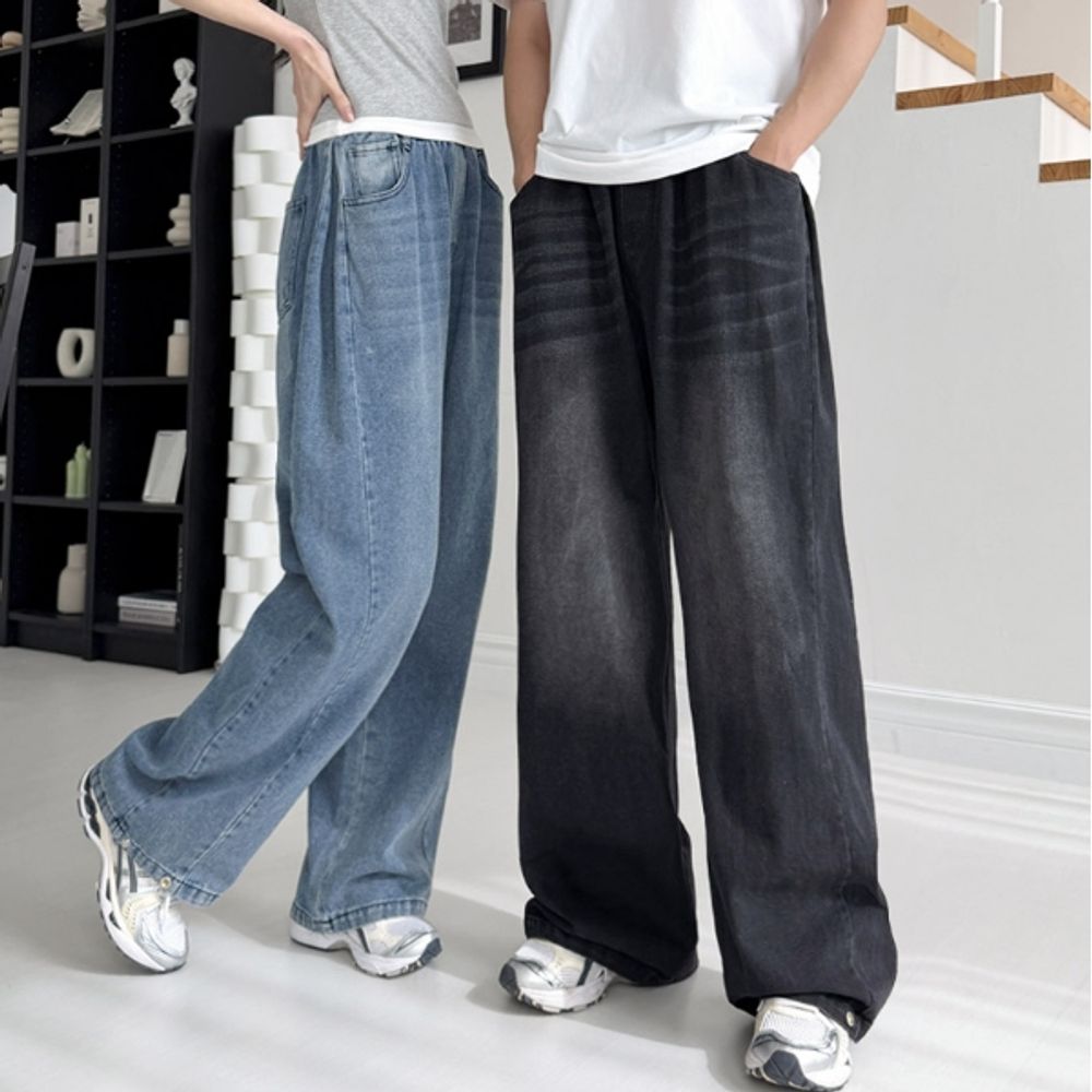 남여 데일리 와이드 청바지 데님 밴딩 팬츠 오버핏 바지