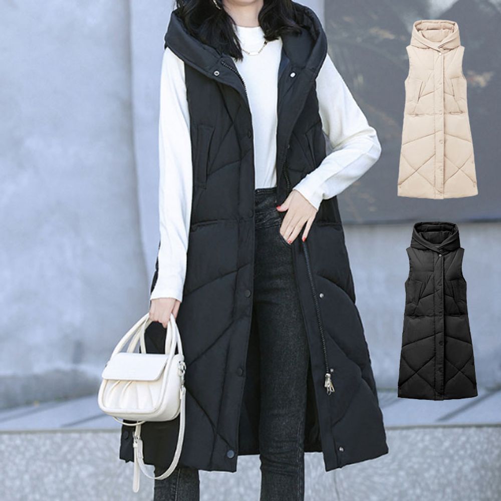 여성 하이넥 후드 슬림핏 캐주얼 롱 베스트