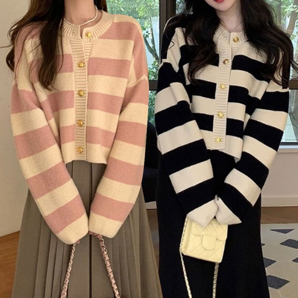 빈티지 감성 골드버튼 스트라이프 가디건