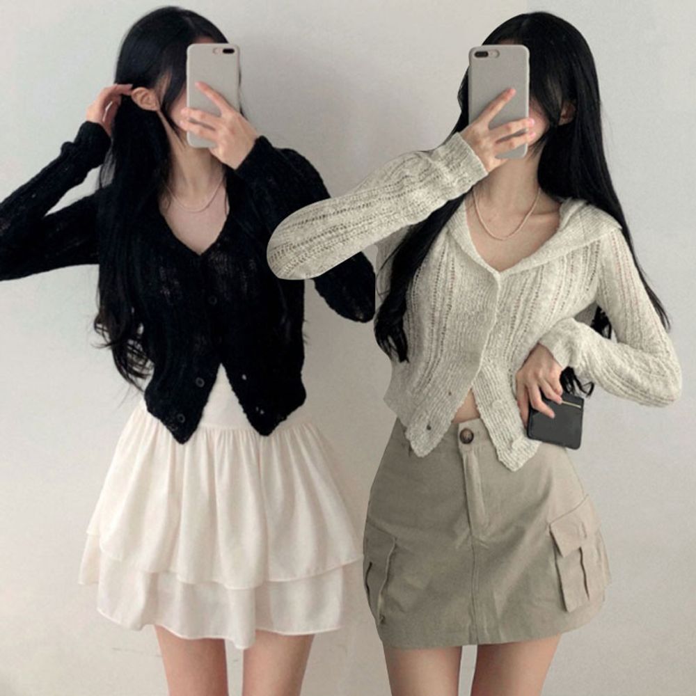 여성 미니멀 무드 슬립 카라 니트 가디건