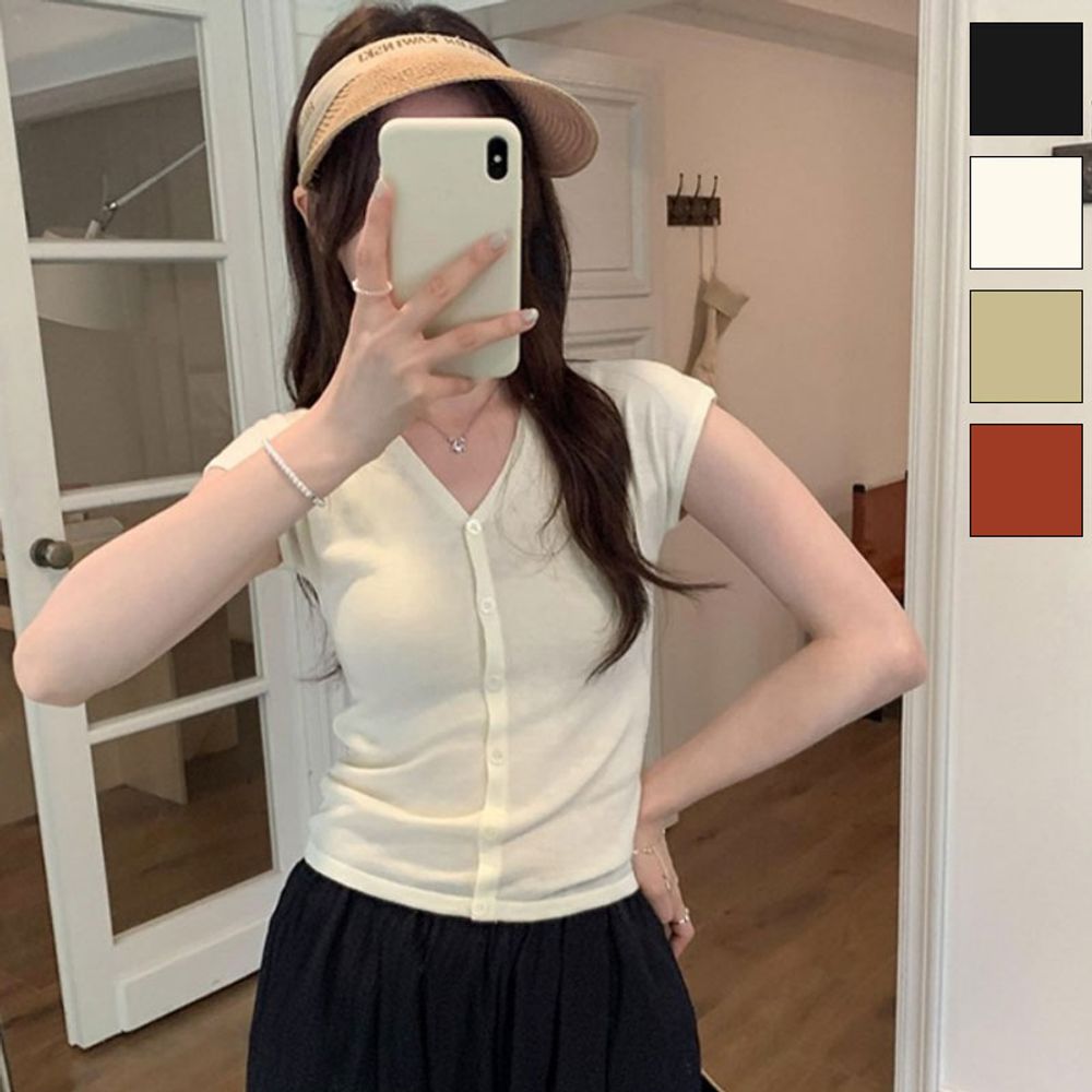 여성 브이넥 슬림핏 니트 탑 민소매 가디건