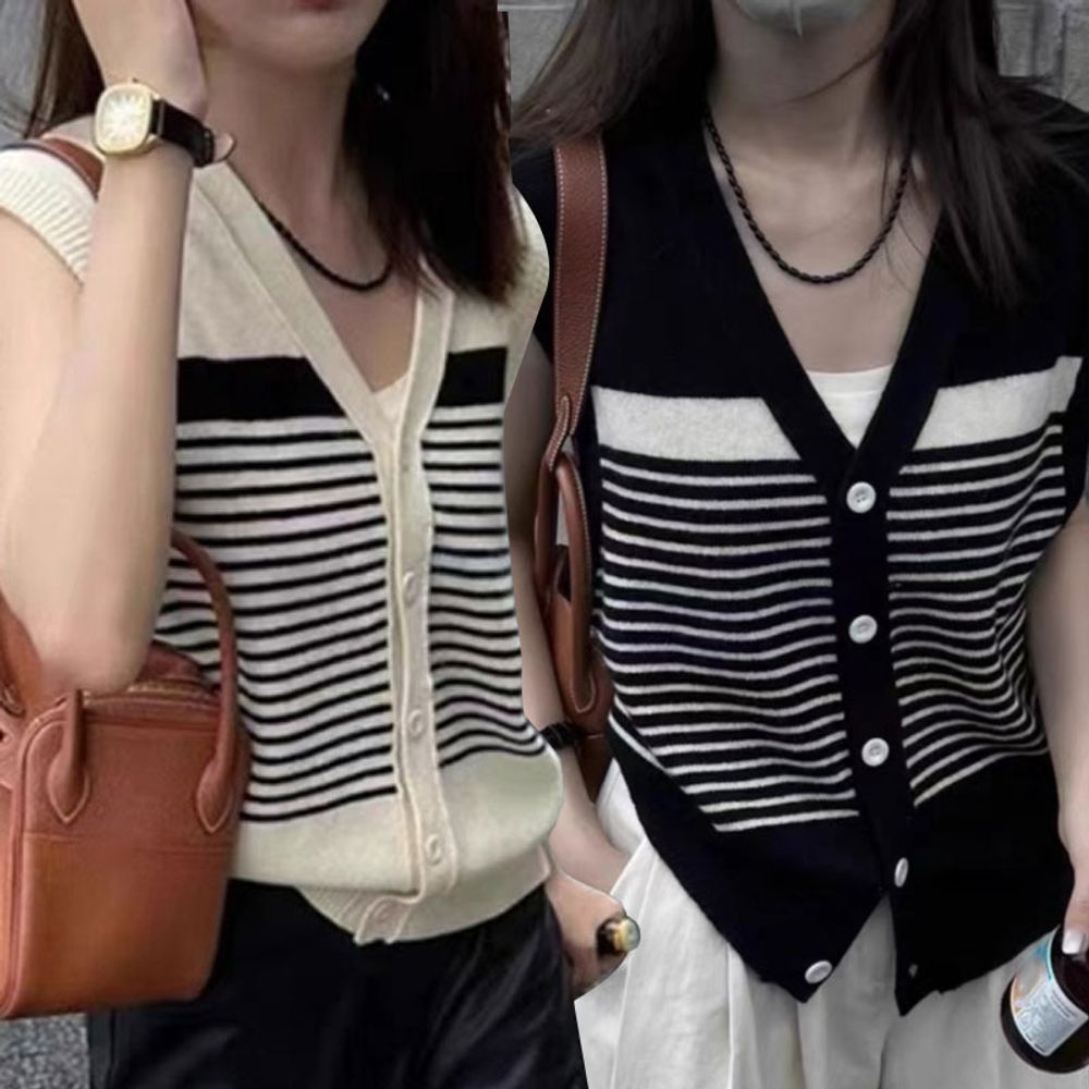 프렌치 스트라이프 니트 베스트 가디건