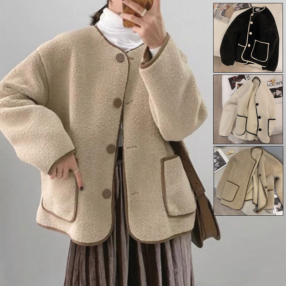 여성 배색 파이핑 뽀글이 노카라 가디건