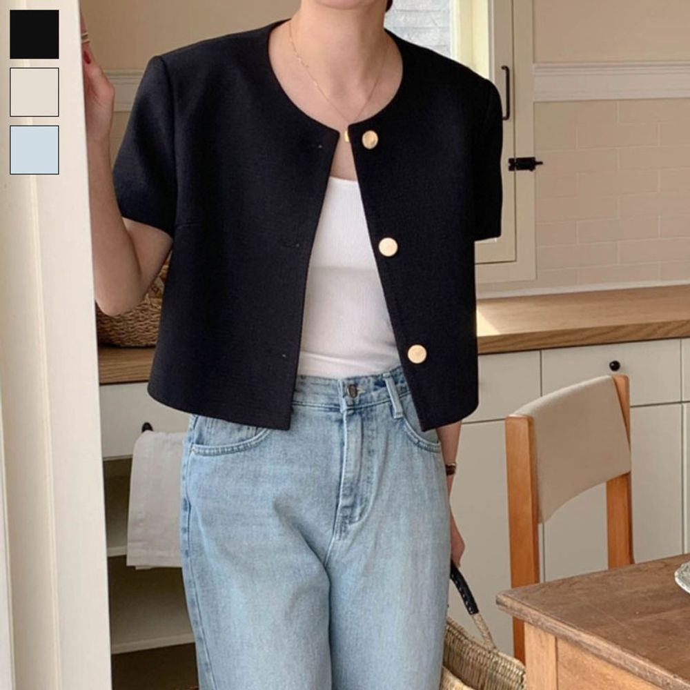 여성 베이직 골드버튼 크롭 오피스 자켓
