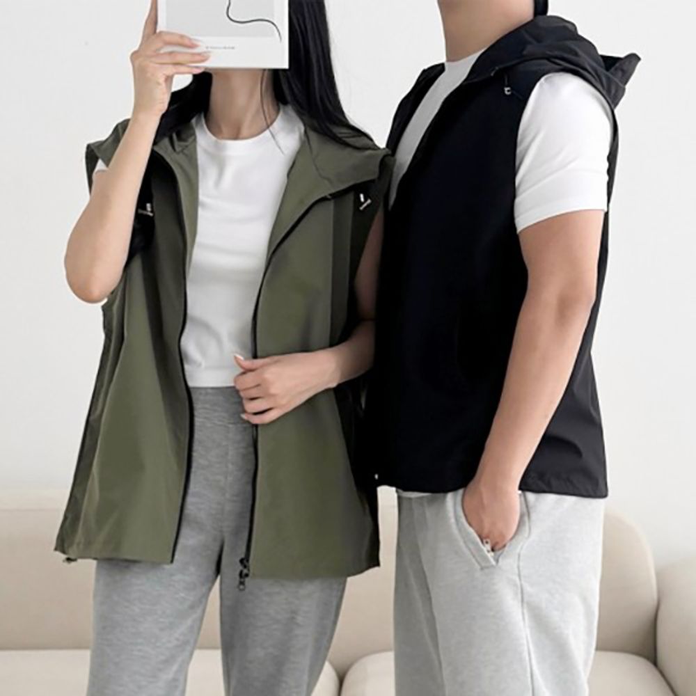 후드 남녀공용 오버핏 스트링 조끼