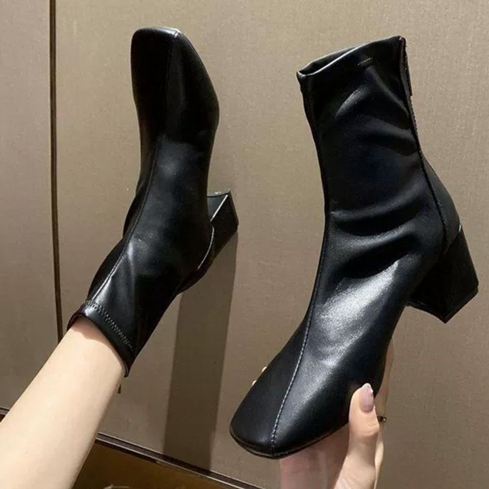 스퀘어토 여성 앵글 부츠 여자 미드힐 기모 부츠 신발