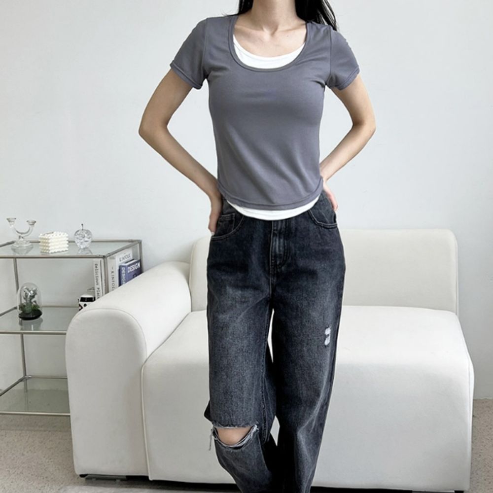 트렌디 여성 반팔 티셔츠 데일리 여자 레이어드 반팔티