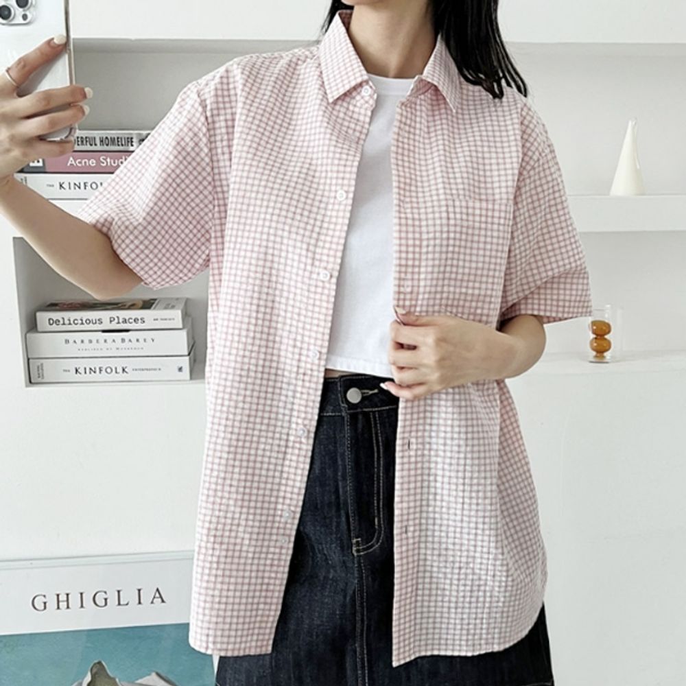데일리 여성 오버핏 체크 셔츠 여자 반팔 남방 셔츠