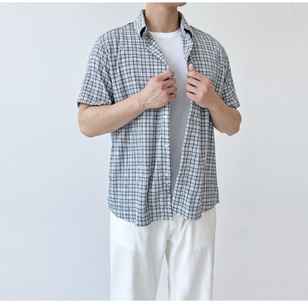 꾸안꾸 남자 반팔 체크 셔츠 남성 오버핏 남방 반팔티 셔츠