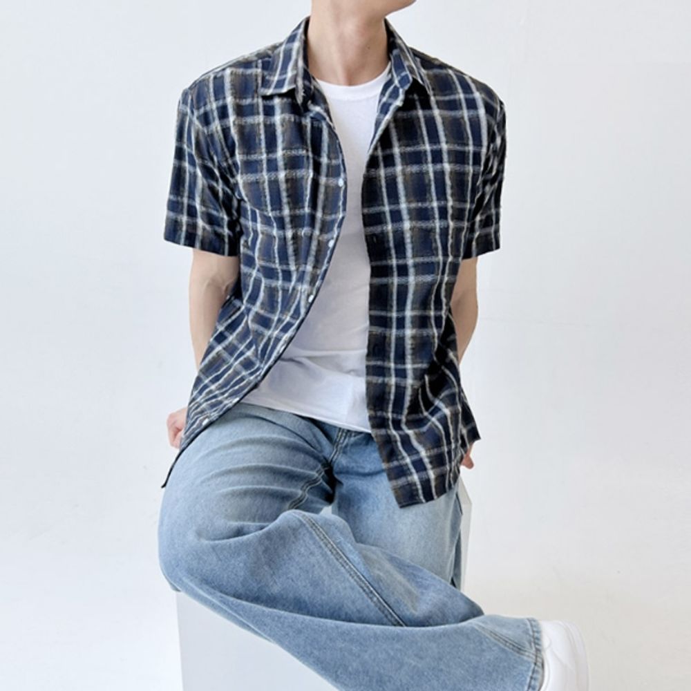 내추럴 남자 오버핏 반팔 셔츠 남성 반팔 체크셔츠 남방