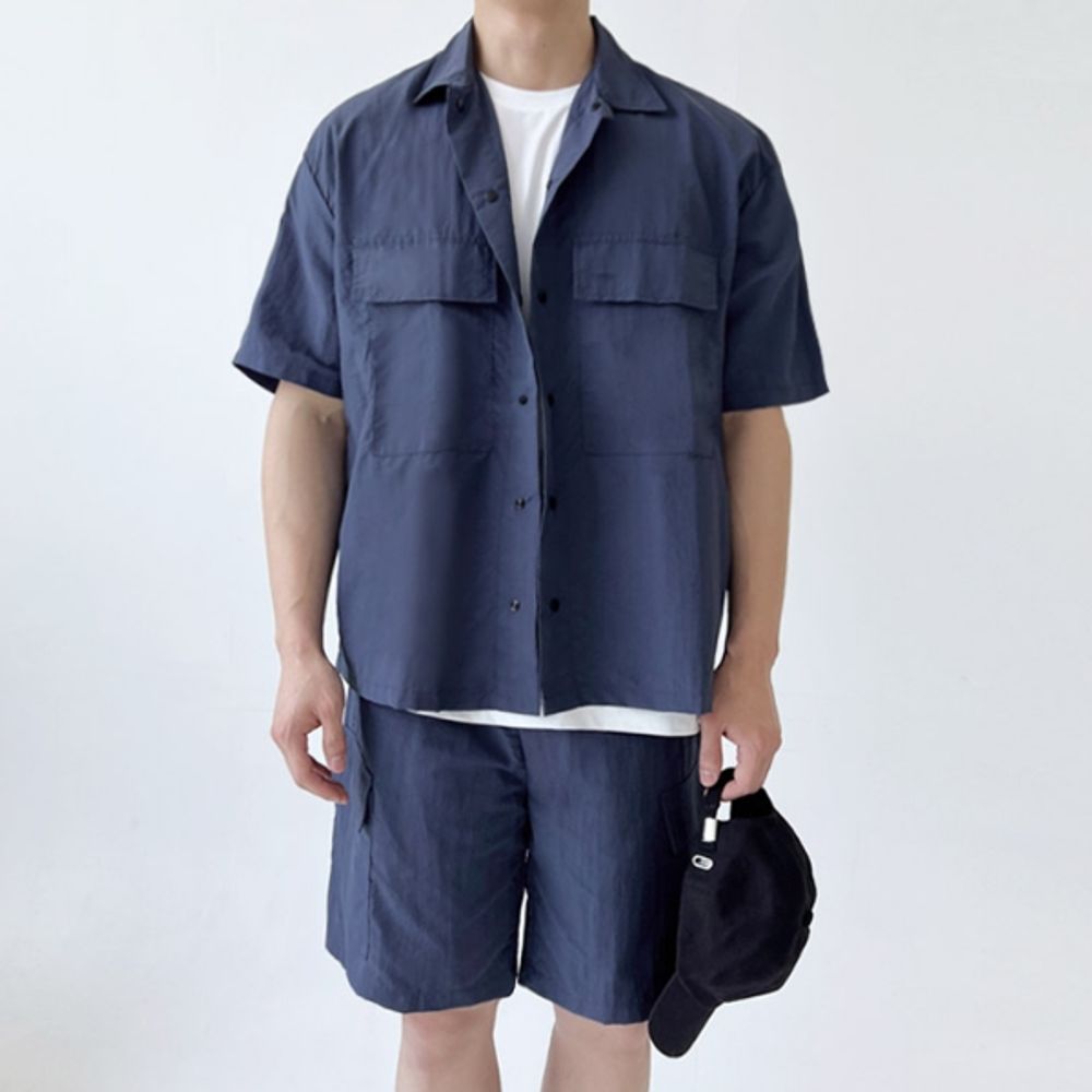 트렌디 남자 반팔 남방 셔츠 반바지 남성 반팔 반바지 세트