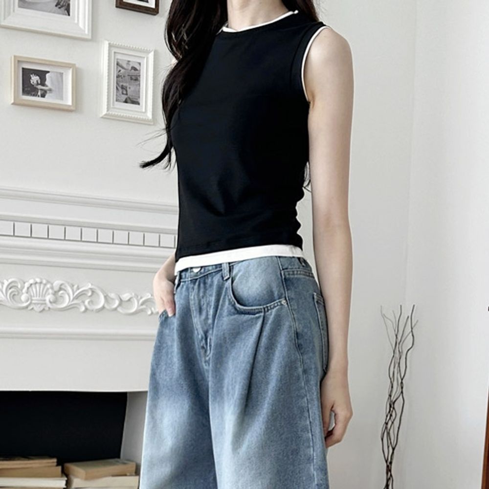 데일리 여성 민소매 티셔츠 여자 레이어드 배색 나시 상의