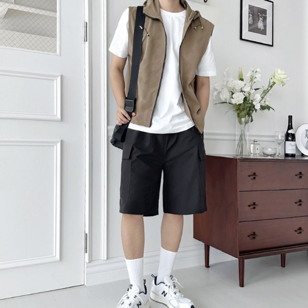 남자 바람막이 조끼 남성 오버핏 일체형 후드 조끼