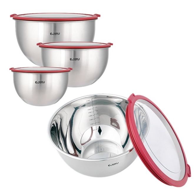 뚜껑 있는 스텐 믹싱볼 3종 세트 눈금 계량 샐러드 볼 베이킹 반죽 양푼