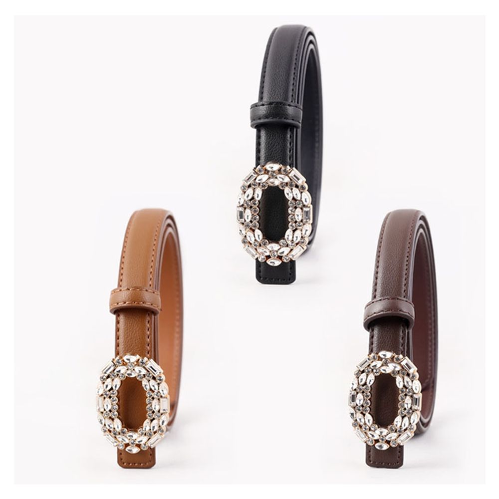 여성 큐빅 타원형 버클 장식 가죽 벨트