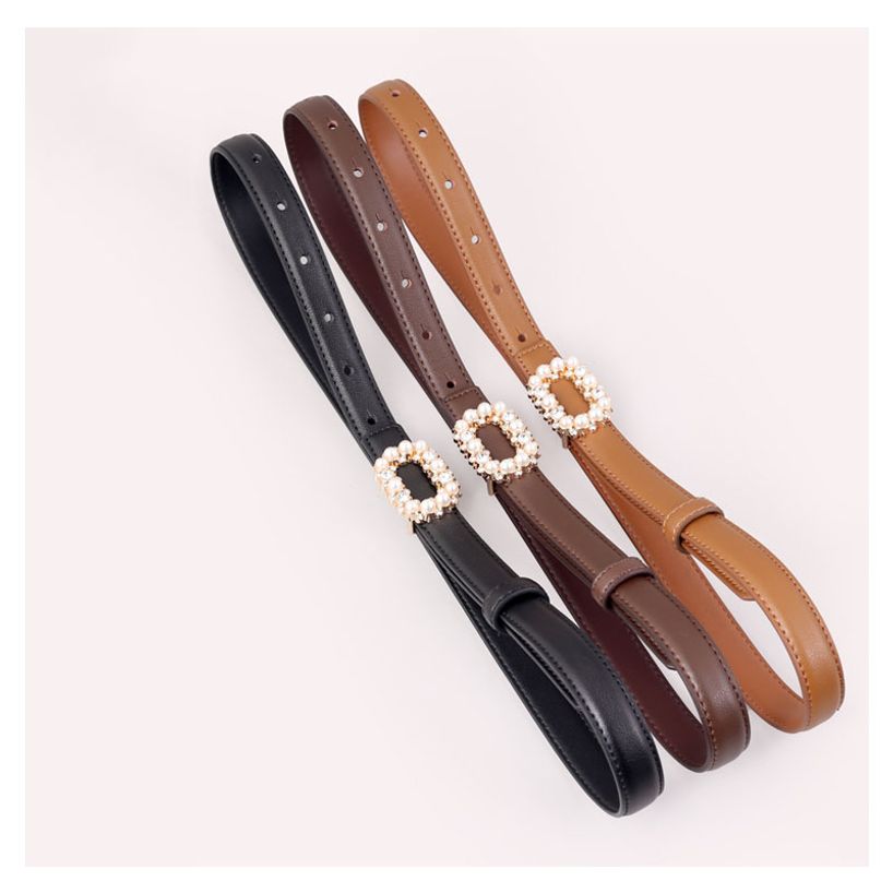 여성용 빅진주 큐빅 사각 버클 장식 가죽 벨트