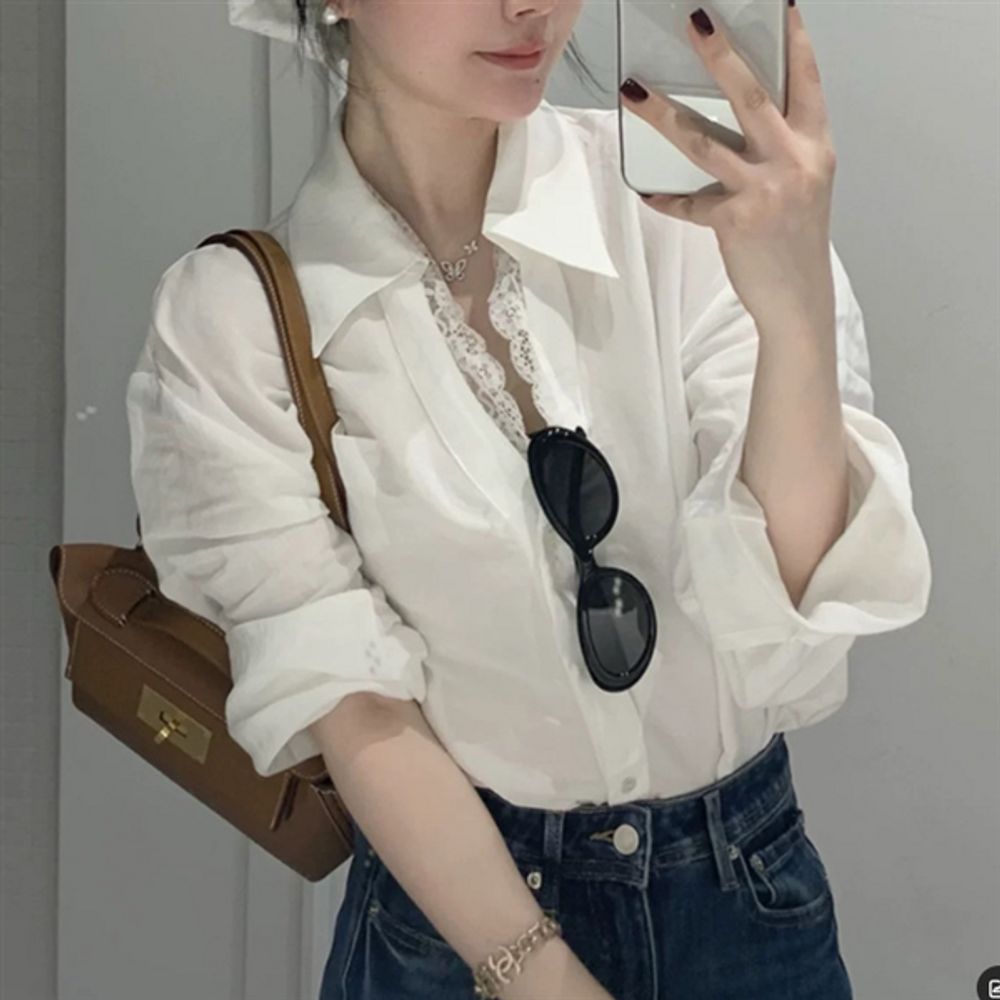 여성 심플 레이스 이너 루즈핏 블라우스