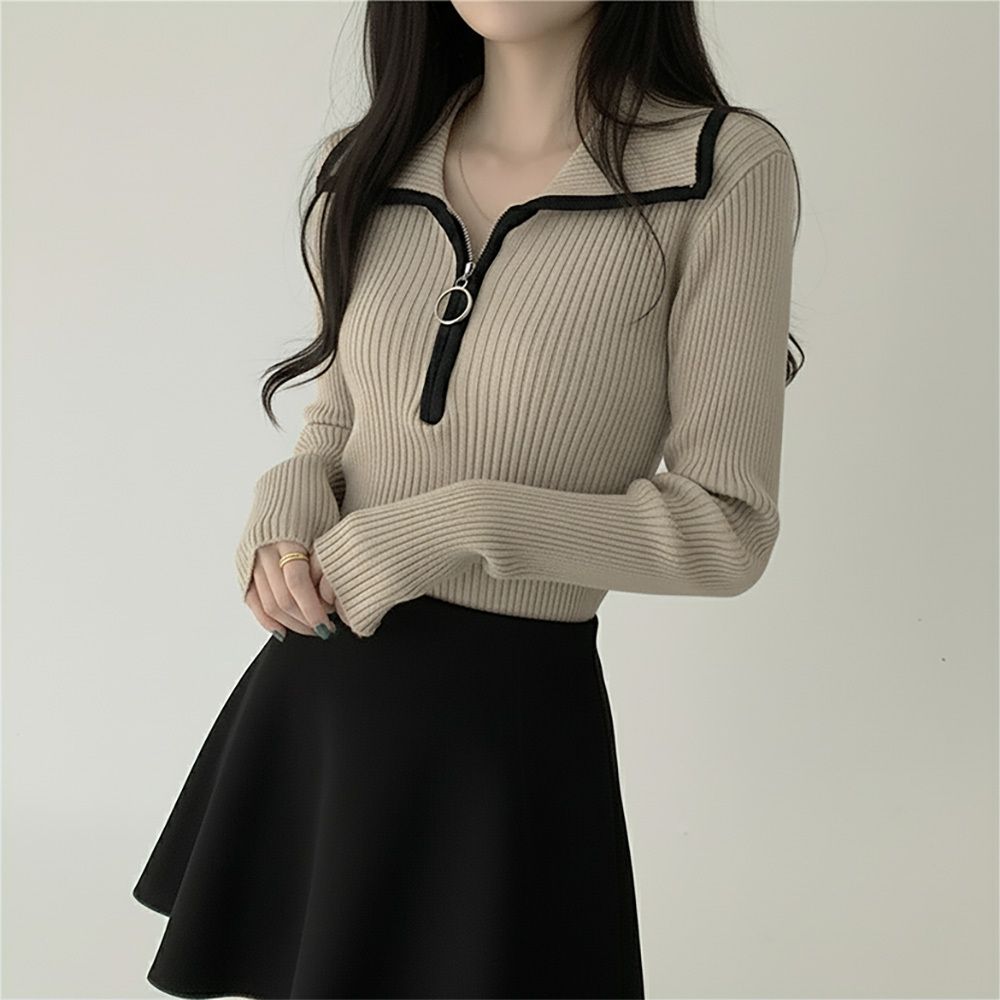 감성 모던 빅카라 포인트 반집업 니트긴팔