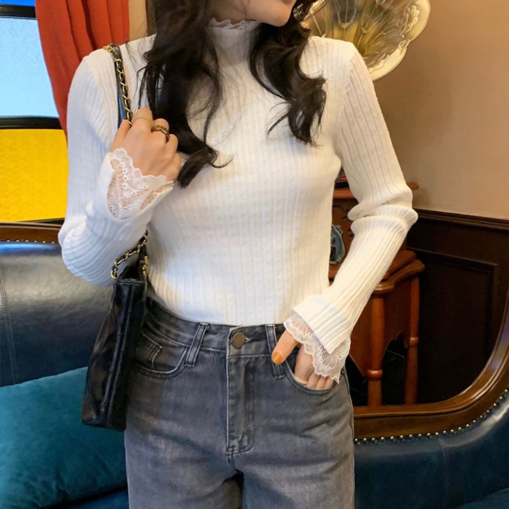 여성 소매 레이스 포인트 골지 니트 티셔츠