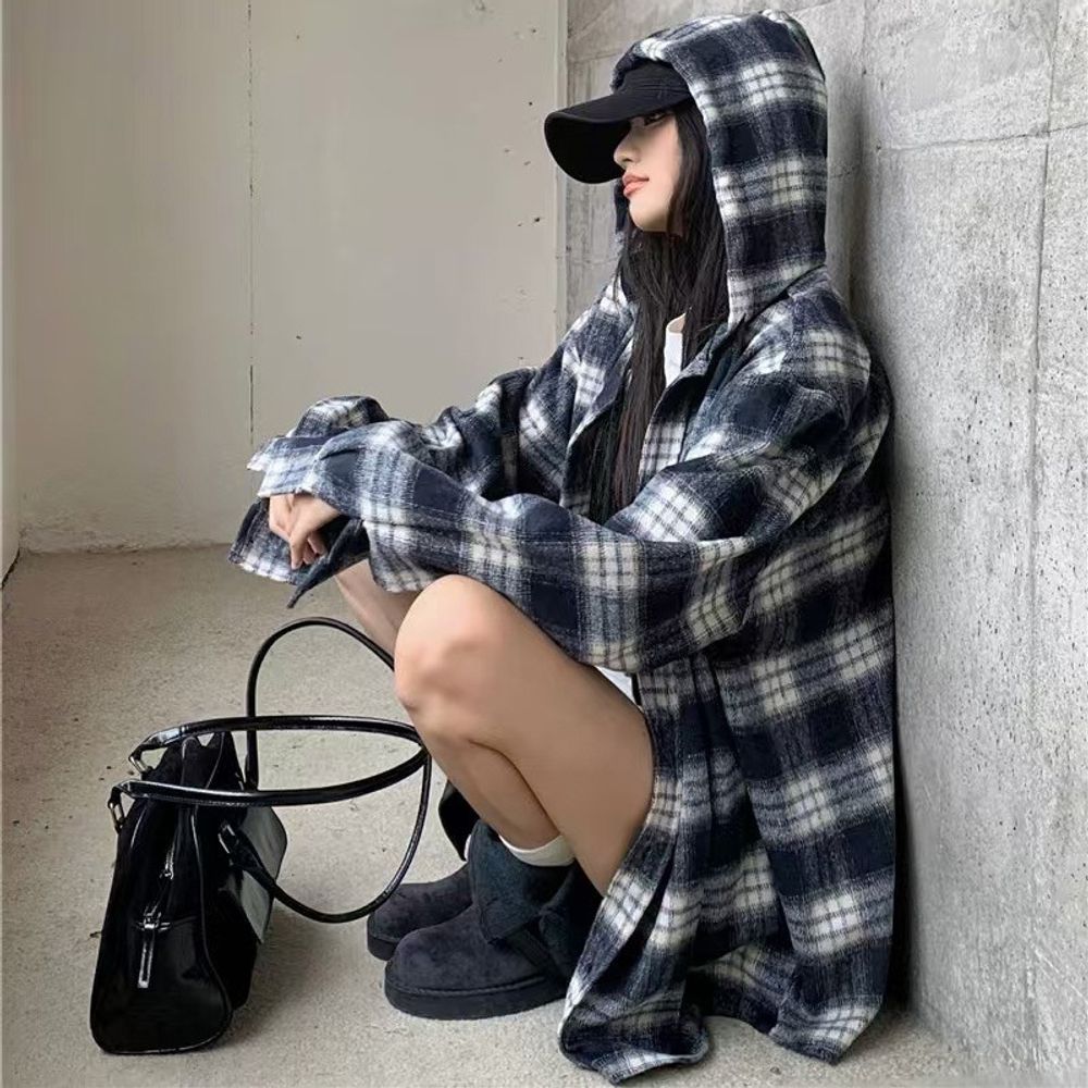 오버핏 체크 빈티지 여친룩 긴팔 후드셔츠