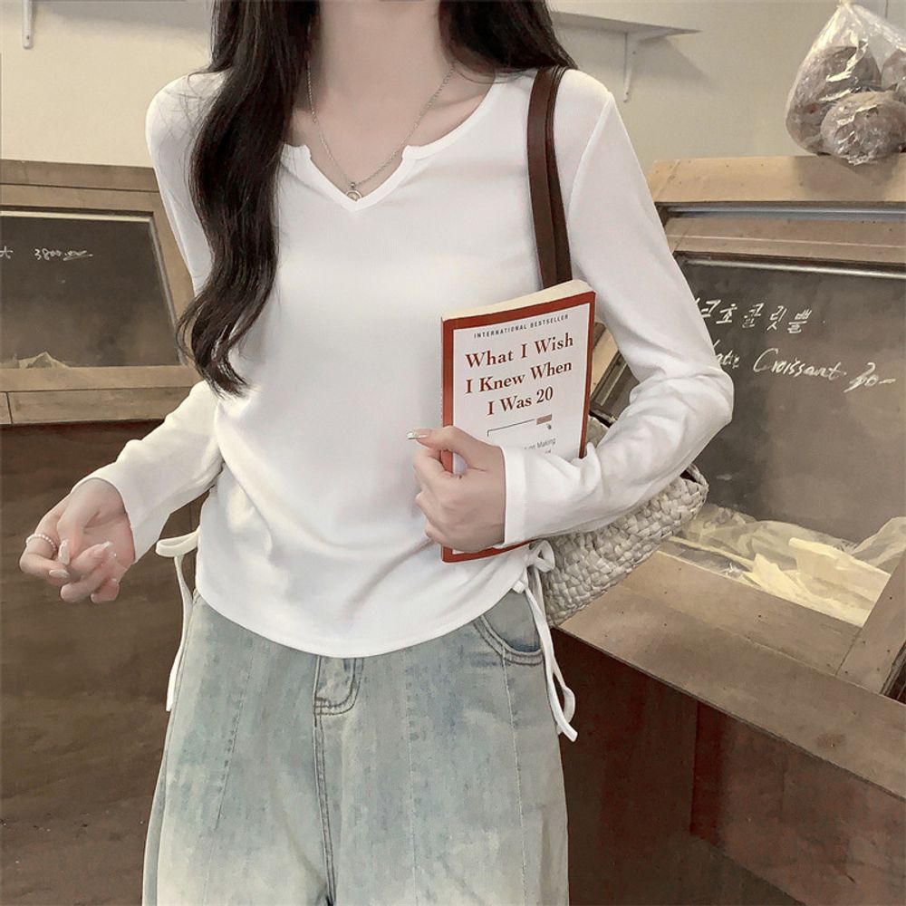 베이직 사이드 셔링 리본 긴팔 티셔츠