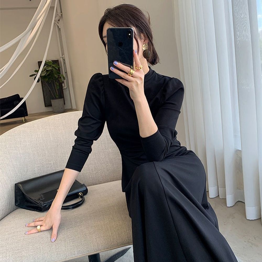 여성 하객룩 하이넥 셔링소매 롱원피스