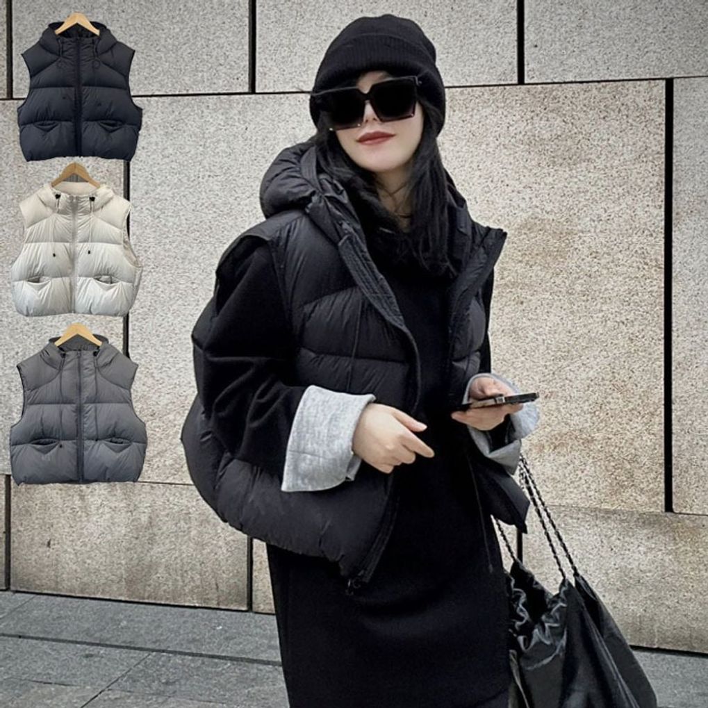 여성 후드 숏 스트릿 레이어드 베스트 ATZ