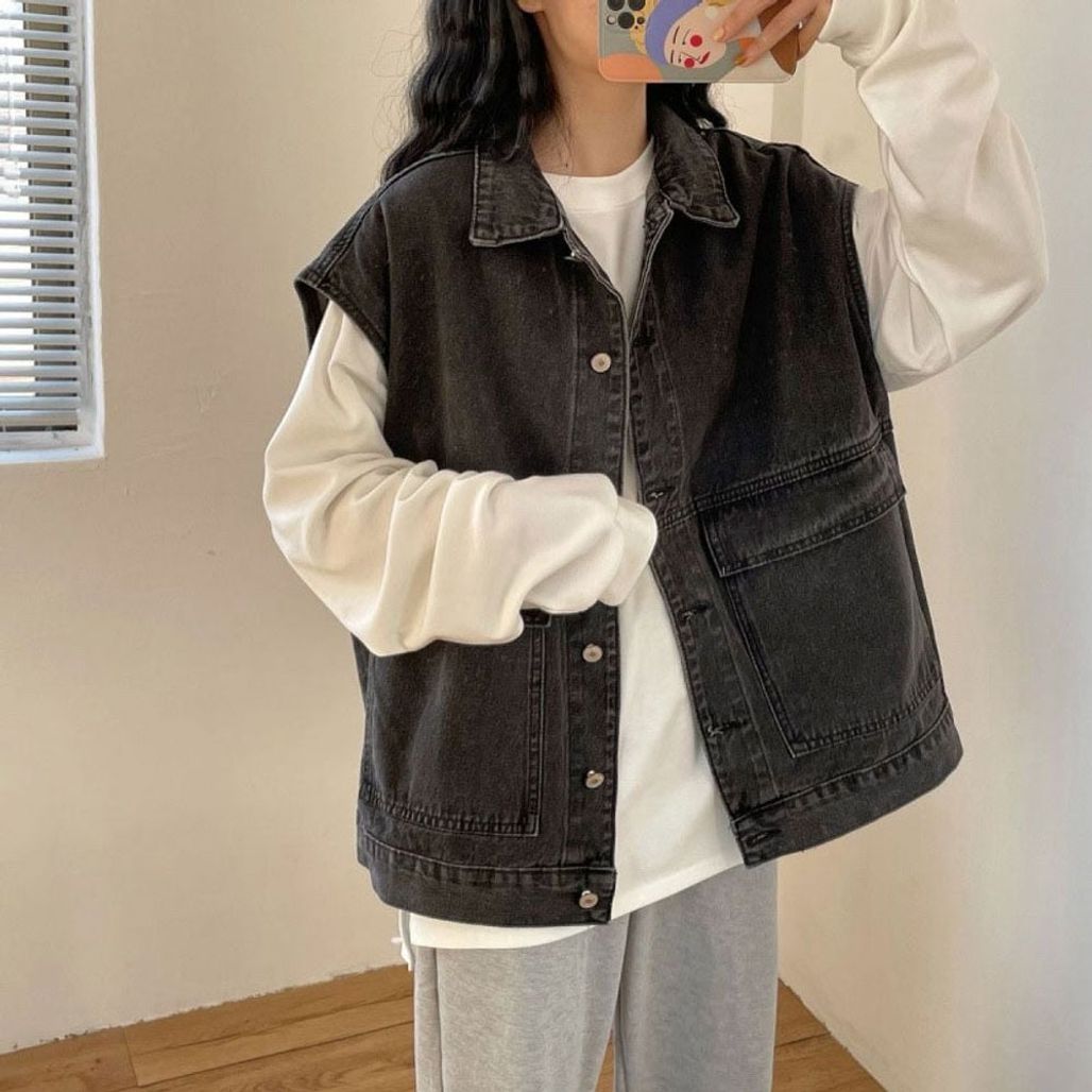 여성 워싱 데님 스트릿 무드 데님 베스트 ATZ