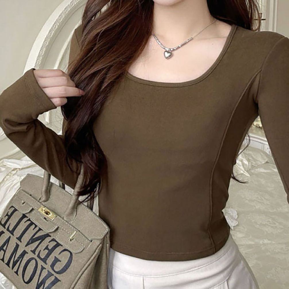 허리라인이 예쁜 슬림핏 스퀘어넥 가슴패드 약기모 크롭 긴팔티