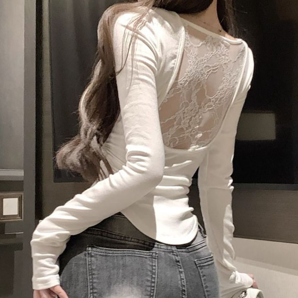 반전뒷태 쎅쉬한 레이스 둥근밑단 슬림 약기모 셔링티셔츠