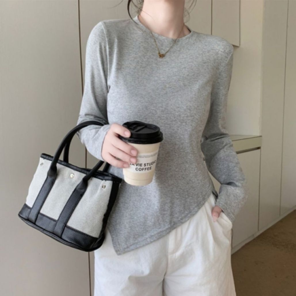 언발란스 밑단 컷팅 슬림핏 기본형 이너웨어 단독착용 티셔츠