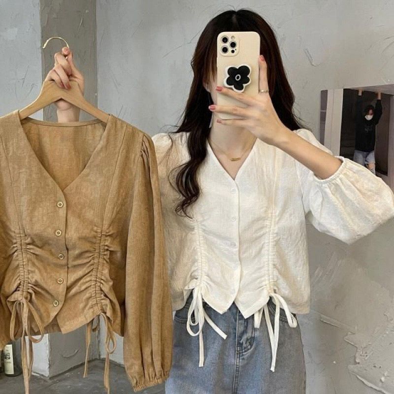 셔링 여성스러운 가녀린 브이넥 스트앱 블라우스 봄