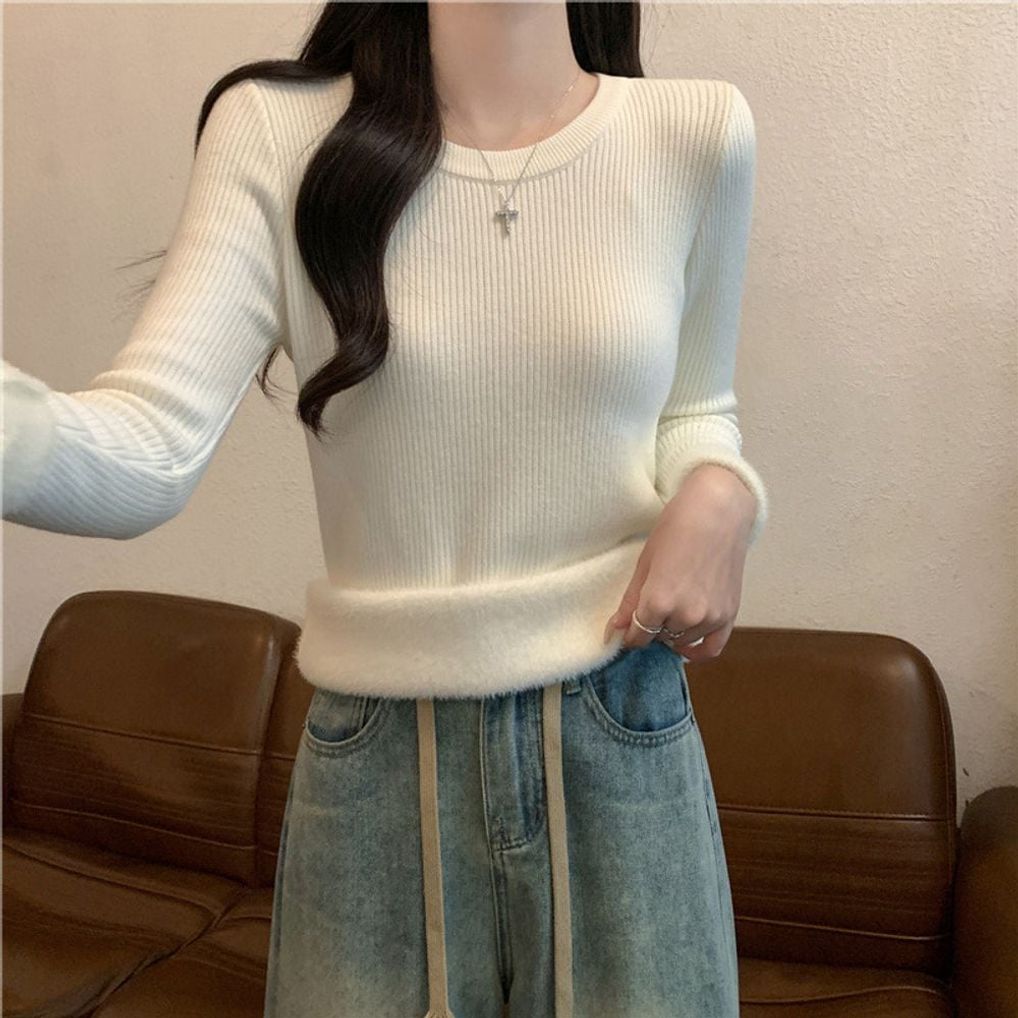 여성 라운드 기모 여리핏 베이직 슬림 니트 ATZ