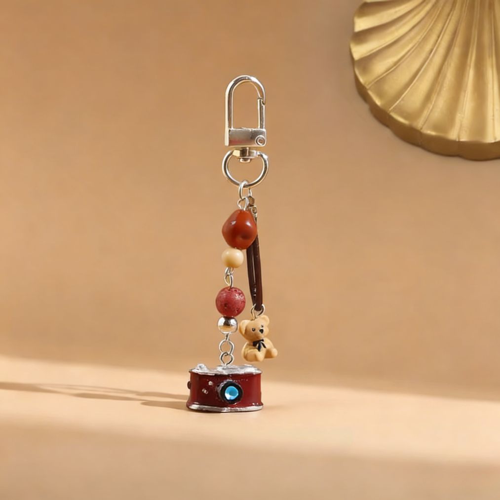 귀여운 포인트 카메라 곰돌이 비즈 키링 스트랩 장식