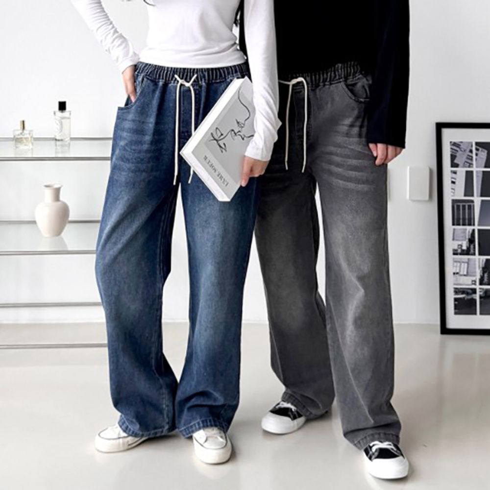 남녀공용 데님 스트레이트 와이드팬츠
