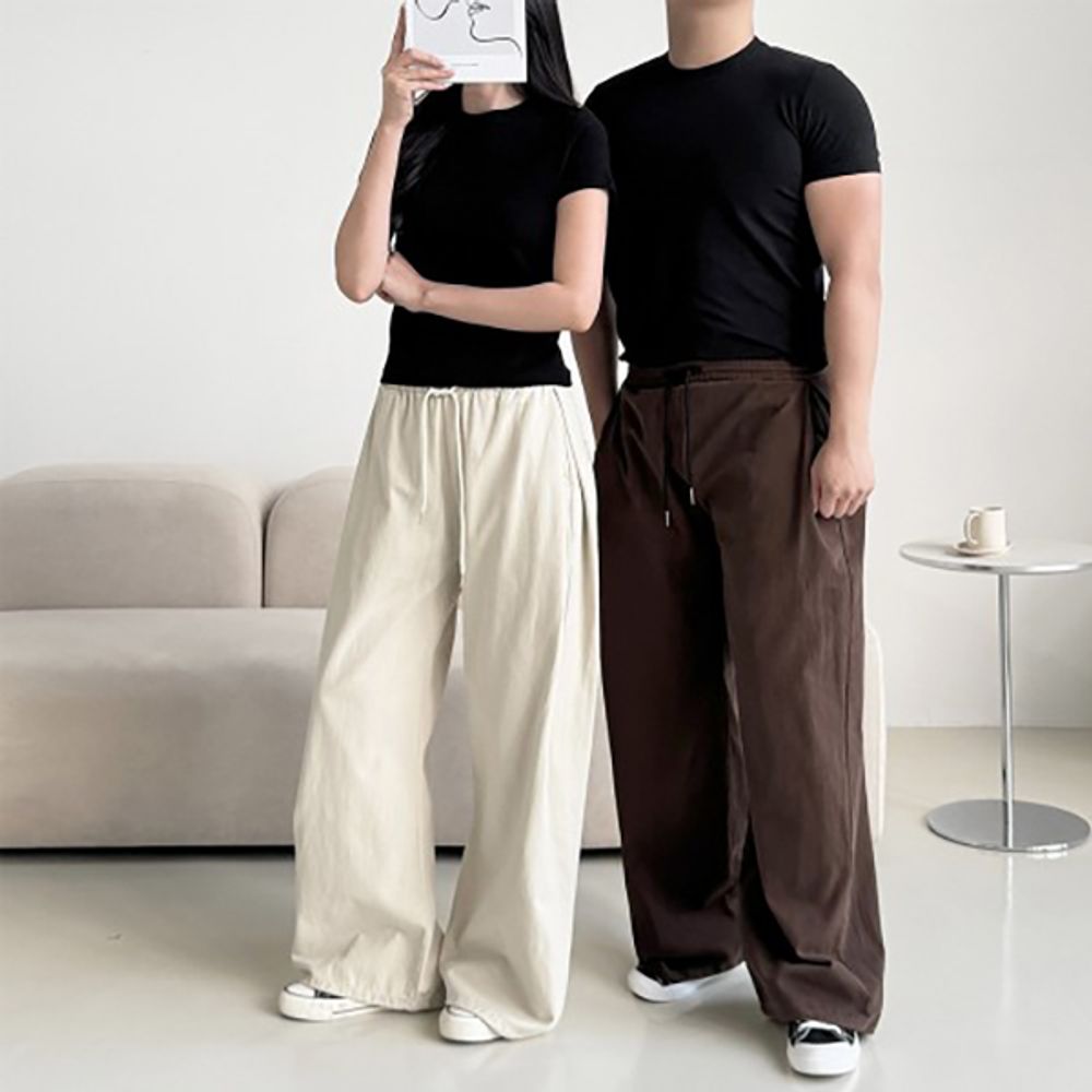 남녀공용 포인트 스트링 무지 와이드팬츠