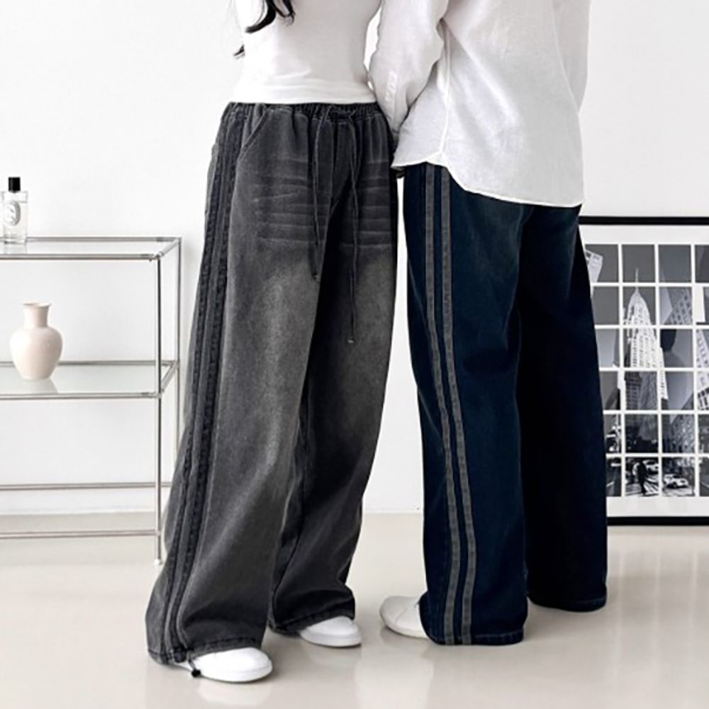 남녀공용 투라인 사이드 데님 와이드팬츠
