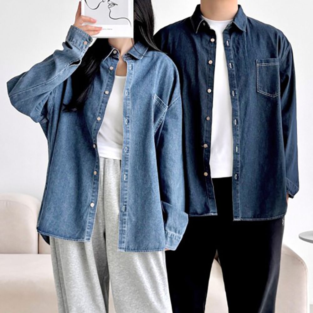 남녀공용 데님 오버핏 셔츠 청남방