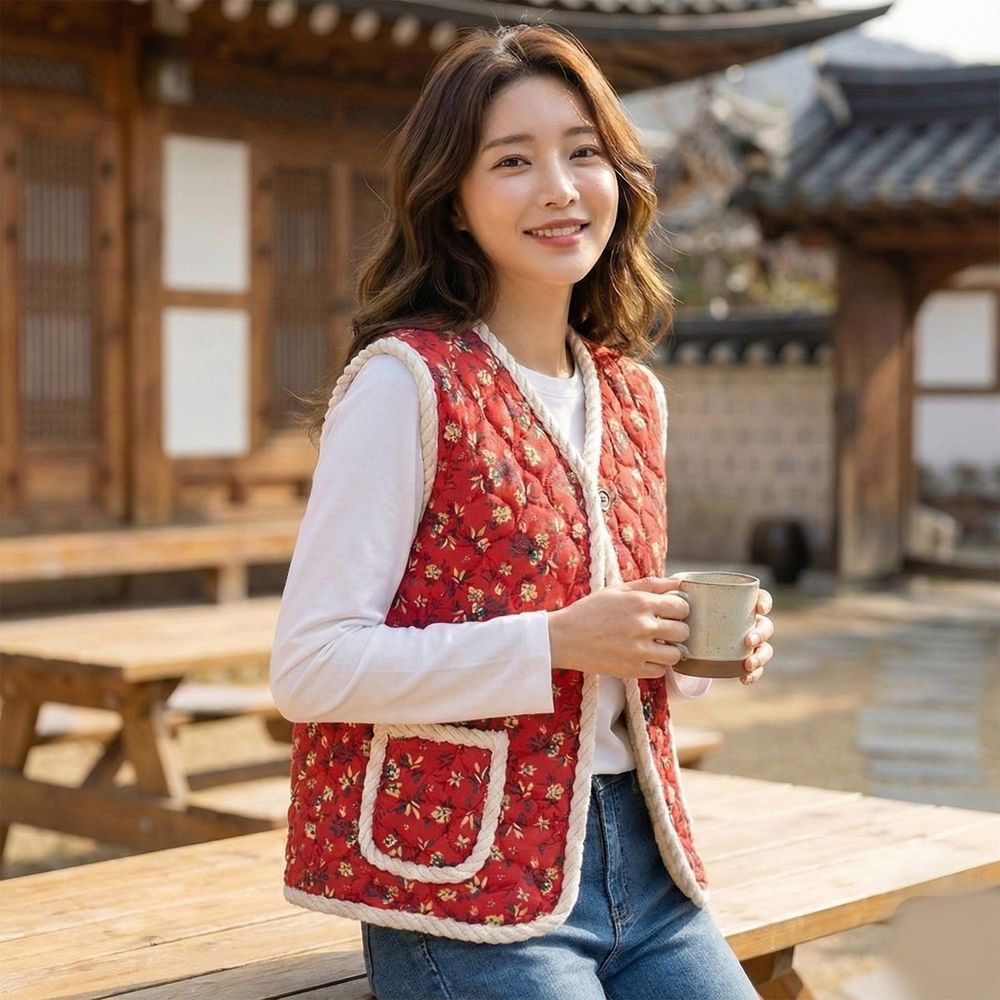 촌캉스 할매 조끼 여성 누빔 패딩 보온 퀼팅 베스트