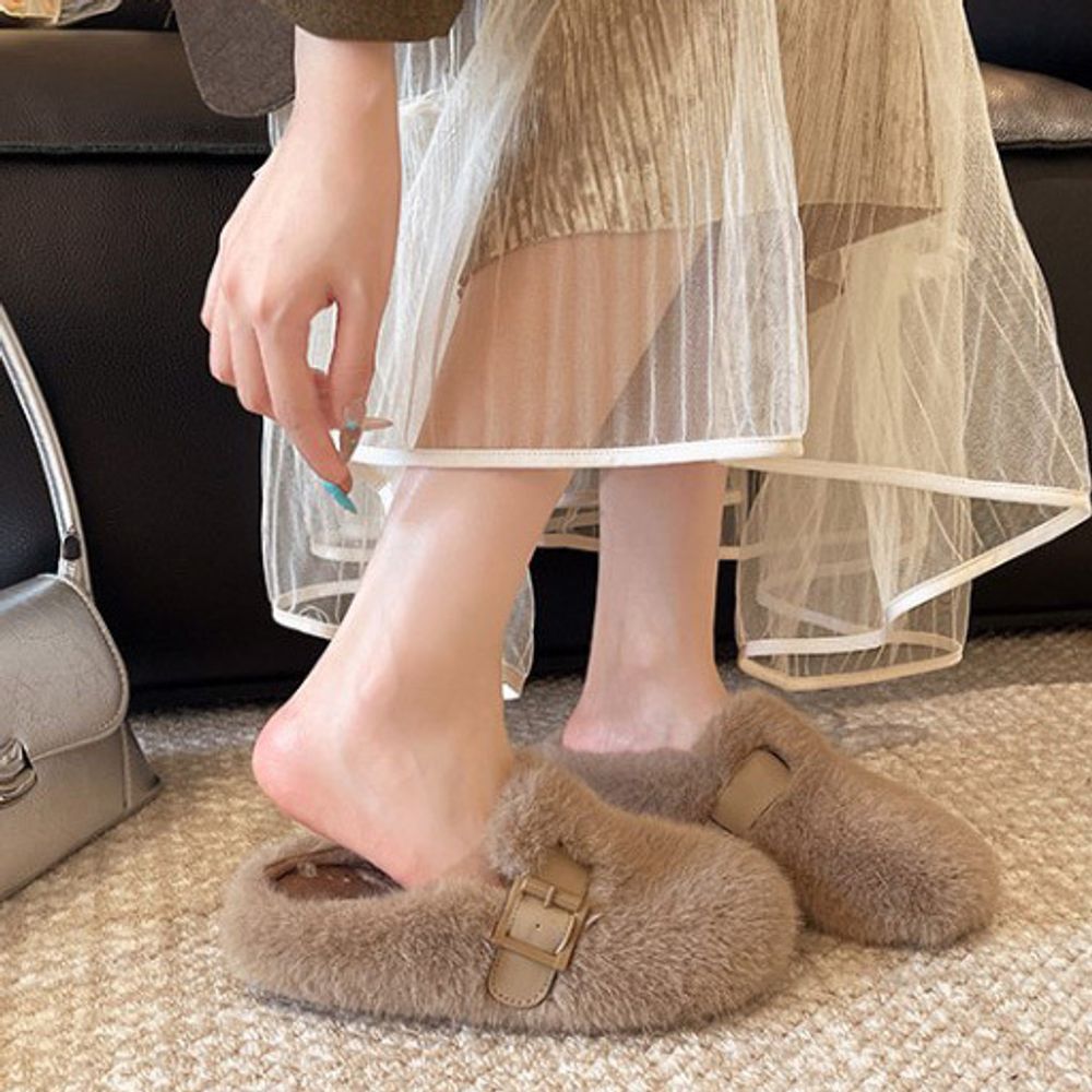 여성 윈터 보들퍼 버클 큐티 퍼 슬리퍼