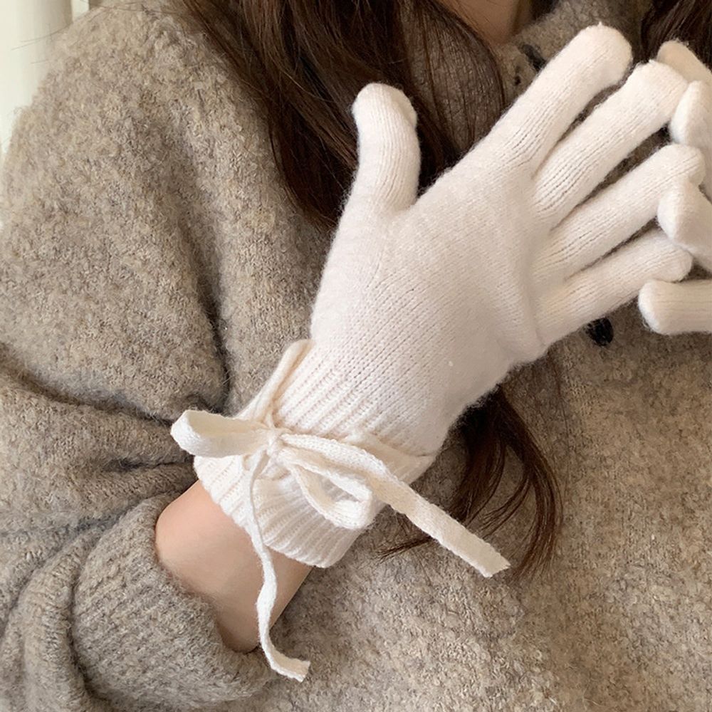 여성 데일리 리본 미들 겨울 니트 장갑